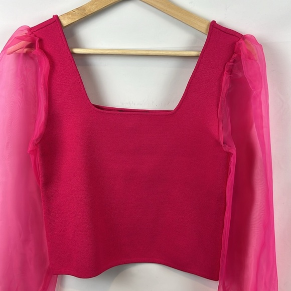 House of Harlow 1960 Hot Pink Sheer Puff Long‎ Sleeve Cropped Knit Top Size S - Picture 3 of 9